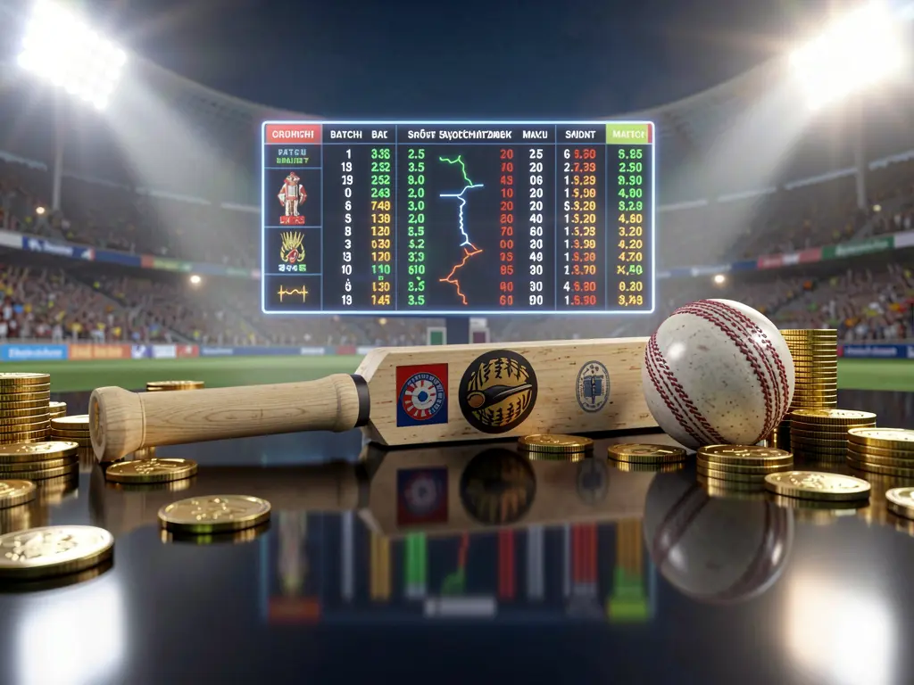 FX99 premium sports betting image featuring a cricket bat on a glossy dark surface with a cricket ball, golden coins, glowing match statistics, and stadium lights in a realistic 3D render