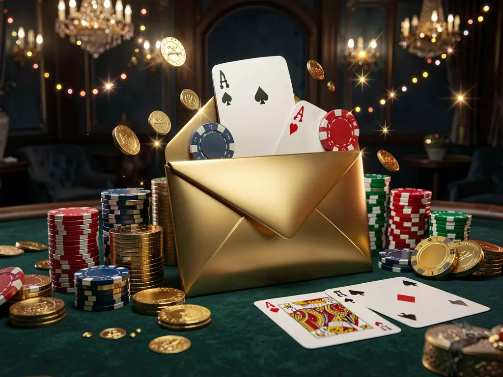 FX99 exclusive casino promotion scene featuring a golden envelope surrounded by chips, coins, and playing cards against a luxury dark background with sparkling lights in a cinematic 3D render