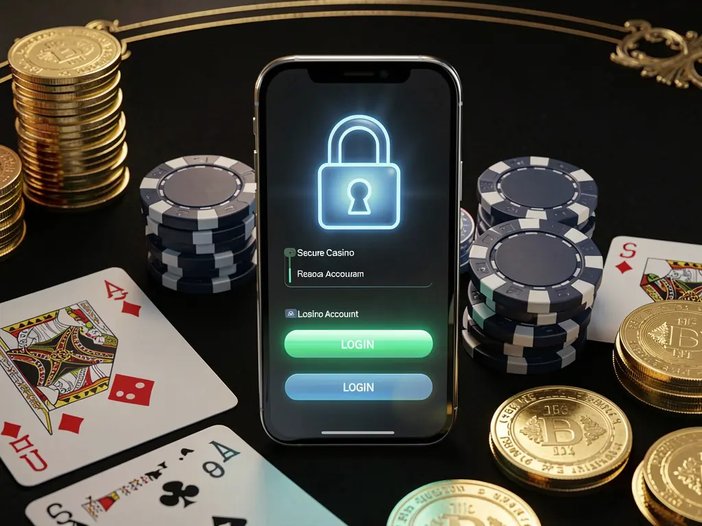 FX99 secure casino account login concept showing a glowing lock icon on a smartphone screen surrounded by poker chips, playing cards, and golden coins against an elegant black and gold background